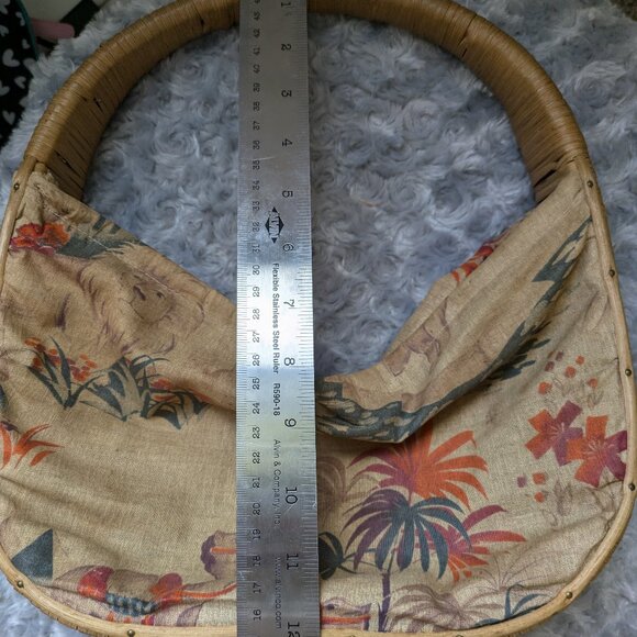 Vintage Woven Basket Purse Camel Fabric Sides with Wicker Handle and Detailing - Picture 9 of 11